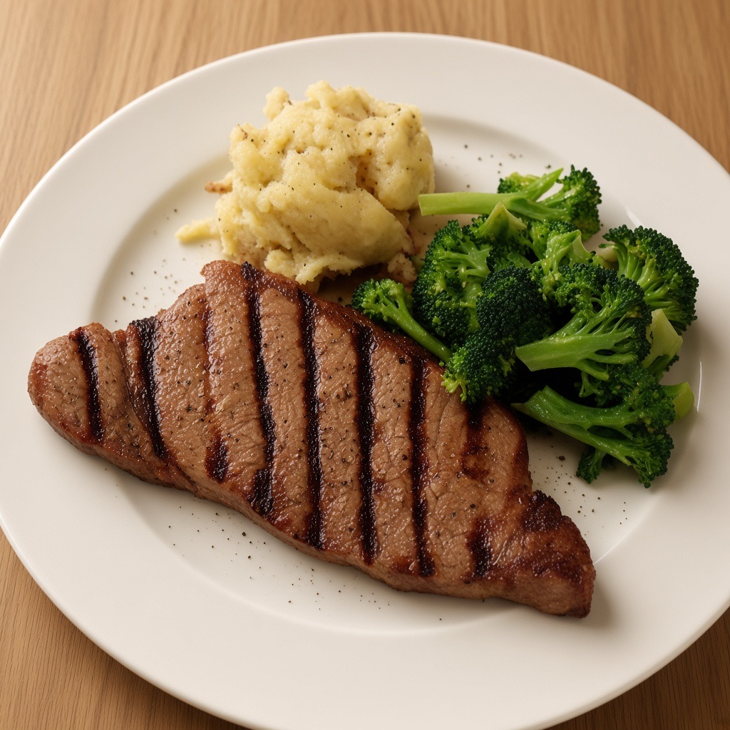 After: the steak, potatoes and broccoli shot from above, whole plate on a wooden table