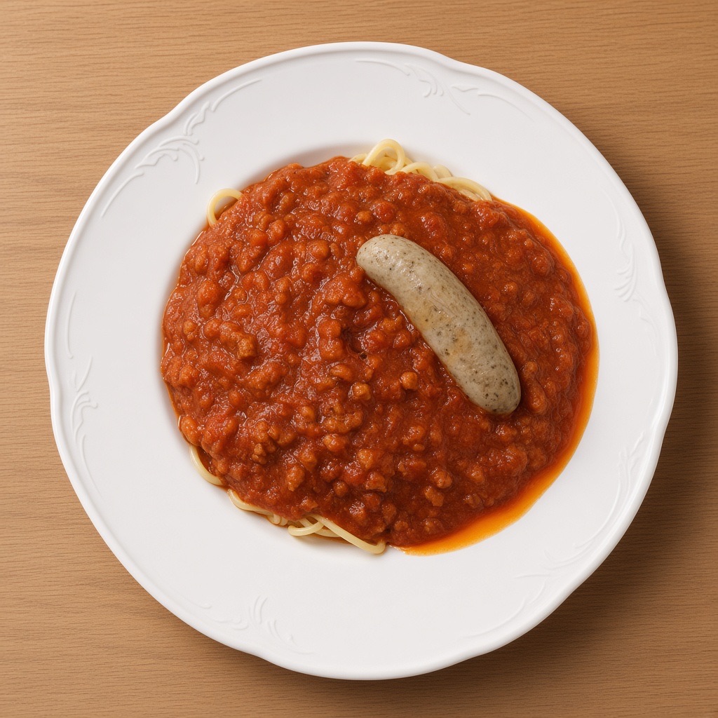 After: the spaghetti bolognese with sausage shot from above on a wooden table