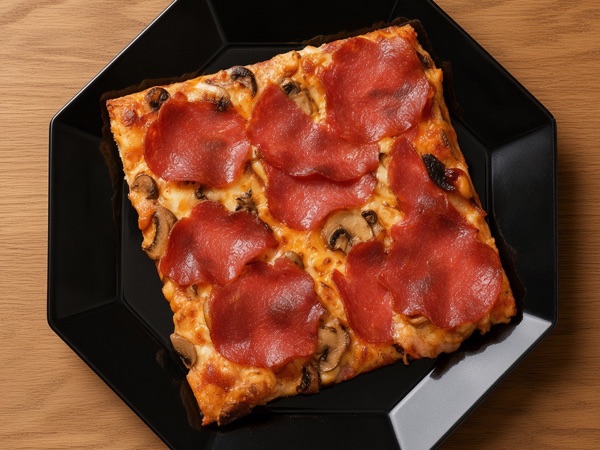 The same pepperoni pizza after MenuStaged, shot from above on a wooden table