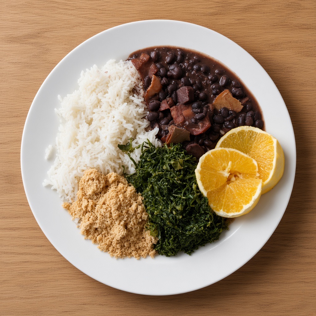 After: the feijoada plate with rice, kale, farofa and orange, shot from above