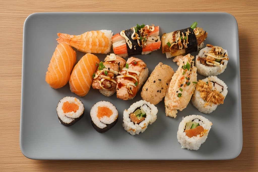 After: the same sushi plate shot from above on a light wooden table