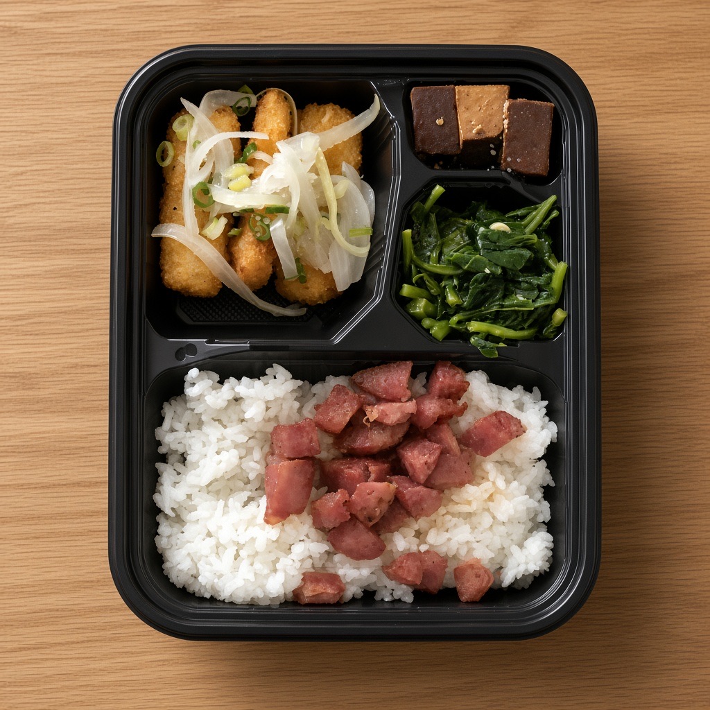 After: the rice lunch box squared up from above on a wooden table